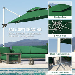 10 FT Cantilever Patio Umbrella with 360° Rotation & Adjustable Height, Cross Base, Crank and Tilt, Dark Green