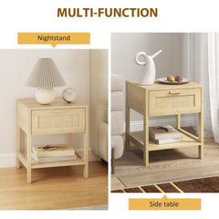 Narrow Nightstand with Rattan Elements, Bedside Table with Drawer and Storage Shelf for Bedroom, Natural