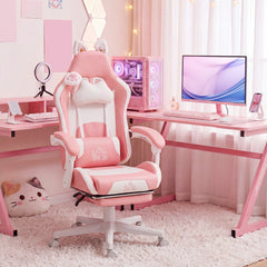 Cute Racing Gamer Chair, Faux Leather Gaming Chair with Footrest, Headrest and Lumbar Support, Black