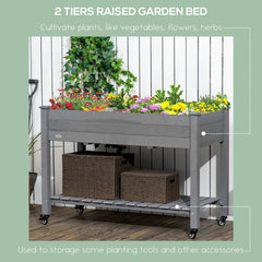 Mobile Raised Garden Bed Elevated Wood Planter Box with Lockable Wheels, Storage Shelf for Herbs Vegetables, Natural