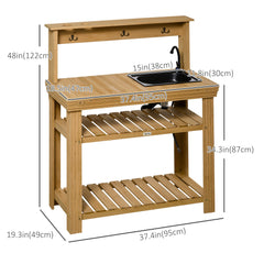 Outdoor Potting Bench Table with Faucet, Removable Sink, Hooks and Storage Shelves, Wood Work Bench Workstation, Grey