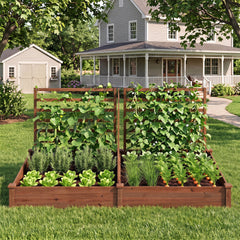 Raised Garden Bed with 2 Planter Boxes and 3 Trellis-Brown