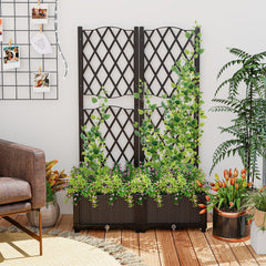 Raised Garden Bed with Double Trellis in Coffee, 32 Inch Self Watering Planter Screen