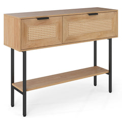 Rattan Console Table with 2 Storage Cabinets Shelf Carbon Steel Frame-Natural