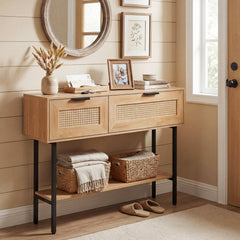 Rattan Console Table with 2 Storage Cabinets Shelf Carbon Steel Frame-Natural