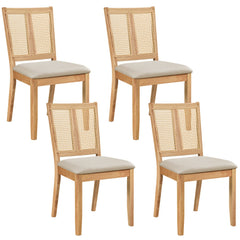 Set of 4 Twin Cane Panel Dining Chairs, Natural Rubber Wood with Beige Fabric Seats, 380 lb