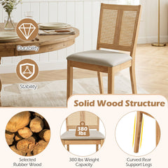 Set of 4 Twin Cane Panel Dining Chairs, Natural Rubber Wood with Beige Fabric Seats, 380 lb