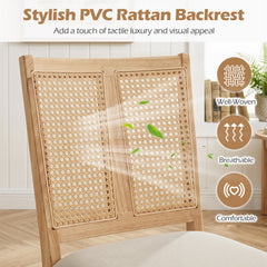 Set of 4 Twin Cane Panel Dining Chairs, Natural Rubber Wood with Beige Fabric Seats, 380 lb