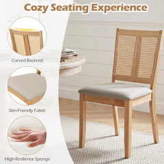 Set of 4 Twin Cane Panel Dining Chairs, Natural Rubber Wood with Beige Fabric Seats, 380 lb