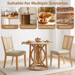 Set of 4 Twin Cane Panel Dining Chairs, Natural Rubber Wood with Beige Fabric Seats, 380 lb