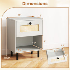 Rattan Nightstand Boho End Table with Rattan Drawer and Open Shelf-White