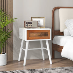 Rattan Front Nightstand, Mid Century Accent Table with Drawer, White