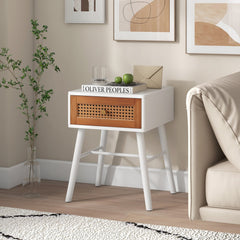 Rattan Front Nightstand, Mid Century Accent Table with Drawer, White