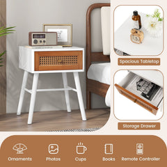 Rattan Front Nightstand, Mid Century Accent Table with Drawer, White