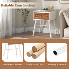 Rattan Front Nightstand, Mid Century Accent Table with Drawer, White