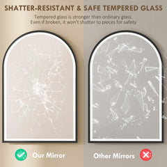 24" x 36" LED Bathroom Mirror, Arched Tempered Glass Wall Mirror, Anti-Fog, Dimmable, Memory Function, Black