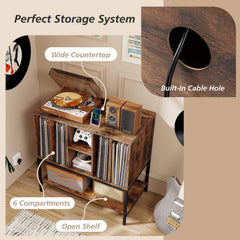 Record Player Stand with Charging Station and Metal Frame-Rustic Brown