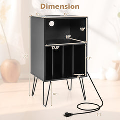 3-Tier Record Player Stand with Charging Station, Black