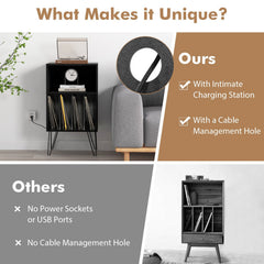 3-Tier Record Player Stand with Charging Station, Black