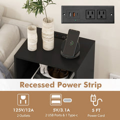 3-Tier Record Player Stand with Charging Station, Black