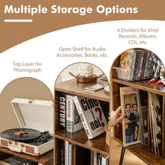 3-Tier Record Player Stand with Charging Station, Rustic Brown