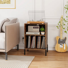 Record Player Stand with Record Storage Shelf and Charging Station-Coffee