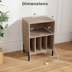 Record Player Stand with Vinyl Storage and Charging Station, Natural