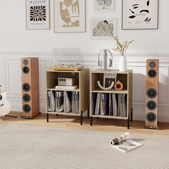 Record Player Stand with Vinyl Storage and Charging Station, Natural