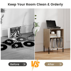 Record Player Stand with Vinyl Storage and Charging Station, Natural
