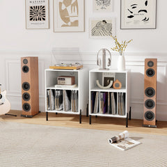Record Player Stand with Record Storage Shelf and Charging Station-White