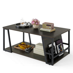 Rectangle Coffee Table 2-tier Industrial Accent Table with Storage Shelf and Compartment-Brown
