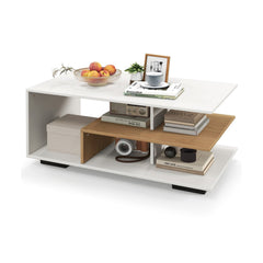 Rectangular 3-Tier Coffee Table with L-Shaped Middle Shelf, White