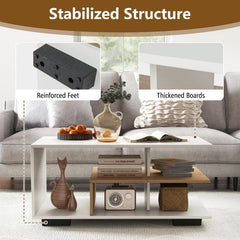 Rectangular 3-Tier Coffee Table with L-Shaped Middle Shelf, White