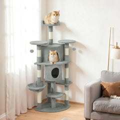 62" Cat Tree with Scratching Post, 2 Condos, Hammock, Perches, Plush, Pompoms, for Indoor Cats, Beige