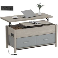 Lift Top Coffee Table, Center Table with 3 Hidden Compartments, 2 Fabric Drawers, Expandable Top and Charging Station