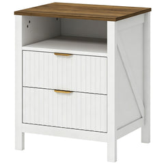 Modern Nightstand with 2 Fluted Drawers, Bedside Table with Open Storage Shelf, Anti-tipping Design, White and Walnut