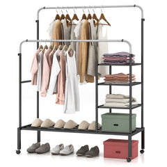 Rolling Double Rods Garment Rack with Height Adjustable Hanging Bars-Silver