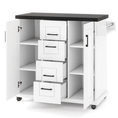 Rolling Kitchen Island Cart on Wheels with Storage Cabinets-White