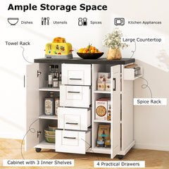 Rolling Kitchen Island Cart on Wheels with Storage Cabinets-White