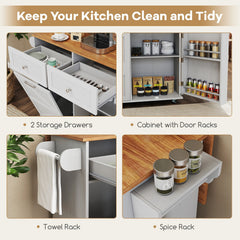 Rolling Kitchen Island with Trash Can Cabinet and Rubber Universal Wheels-Grey