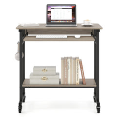 Rolling Laptop Table with Pull-out Keyboard Tray and Hooks-Grey