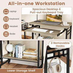 Rolling Laptop Table with Pull-out Keyboard Tray and Hooks-Grey