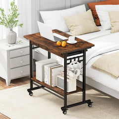 Rolling Laptop Table with Pull-out Keyboard Tray and Hooks-Rustic Brown