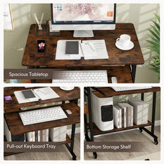 Rolling Laptop Table with Pull-out Keyboard Tray and Hooks-Rustic Brown