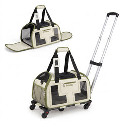 Rolling Pet Carrier with Wheels & Telescopic Handle and Mesh Windows for Pets-Green