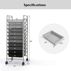 10 Drawer Rolling Storage Cart Organizer with 4 Universal Casters-Gradient Gray