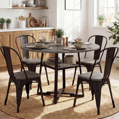 Round Dining Table for 4-6 with Storage Shelf and Metal Legs-Gray