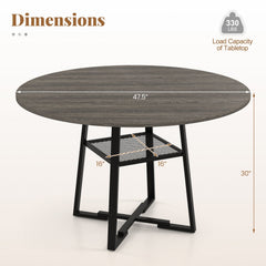 Round Dining Table for 4-6 with Storage Shelf and Metal Legs-Gray