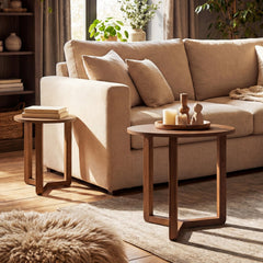 Round Nesting Coffee Table Set of 2 Wood Nesting End Tables with Thickened Top-Walnut