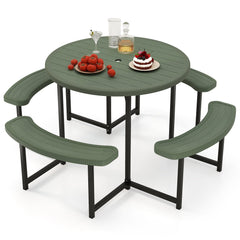 Round Picnic Table Bench Set with 4 Benches and Umbrella Hole for Patio Lawn-Green